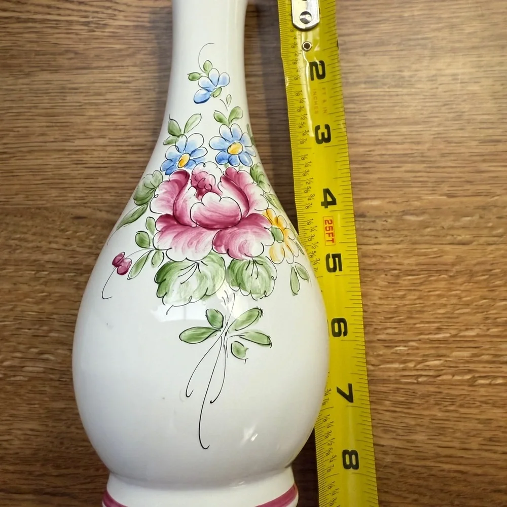 Signed Floral Ceramic Vase with Pink and Blue Accents